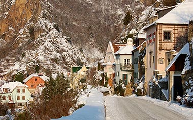 A street in Dürnstein covered in winter snow, Austria